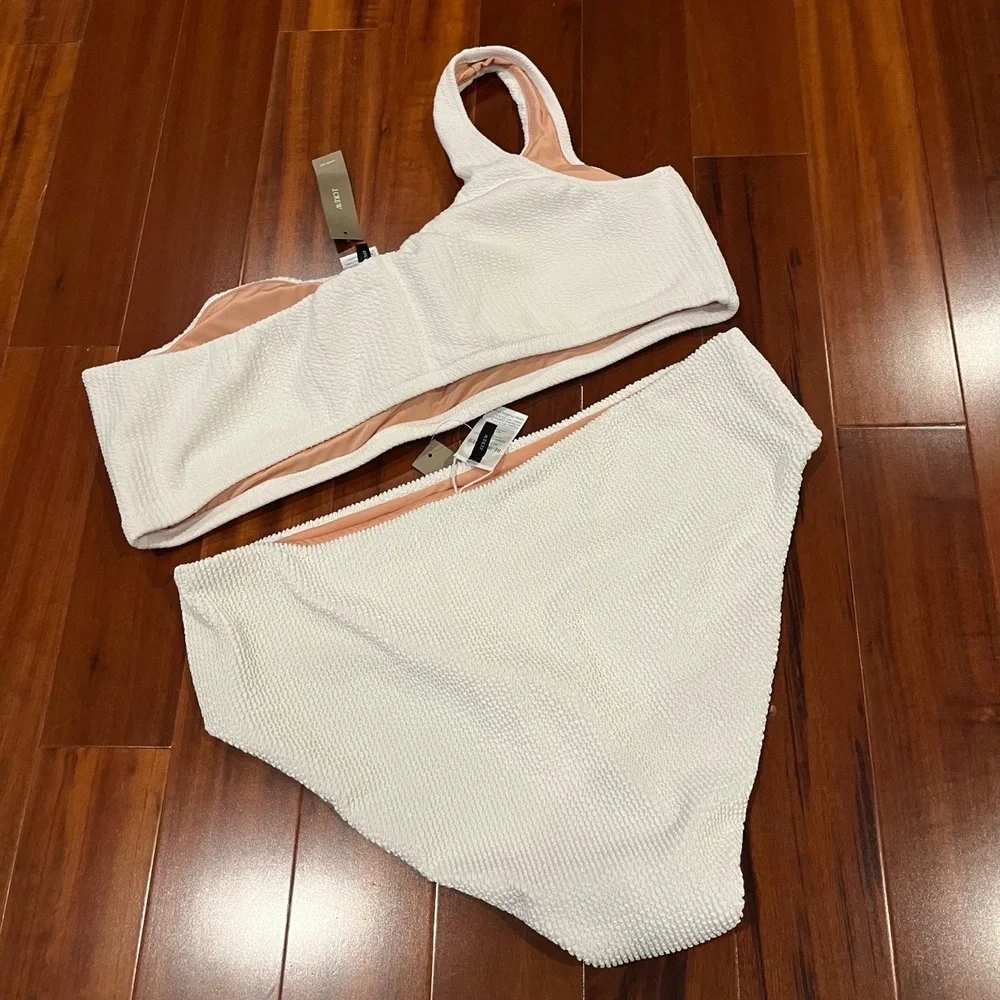 J.Crew Bikini Set White Textured High Waist One Shoulder BE715 Plus‎ New Size 2X